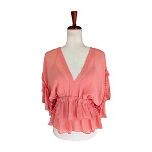 NWT The Kooples Pink Sweetie‎ Ruffled V-Neck Blouse Size FR1/US4